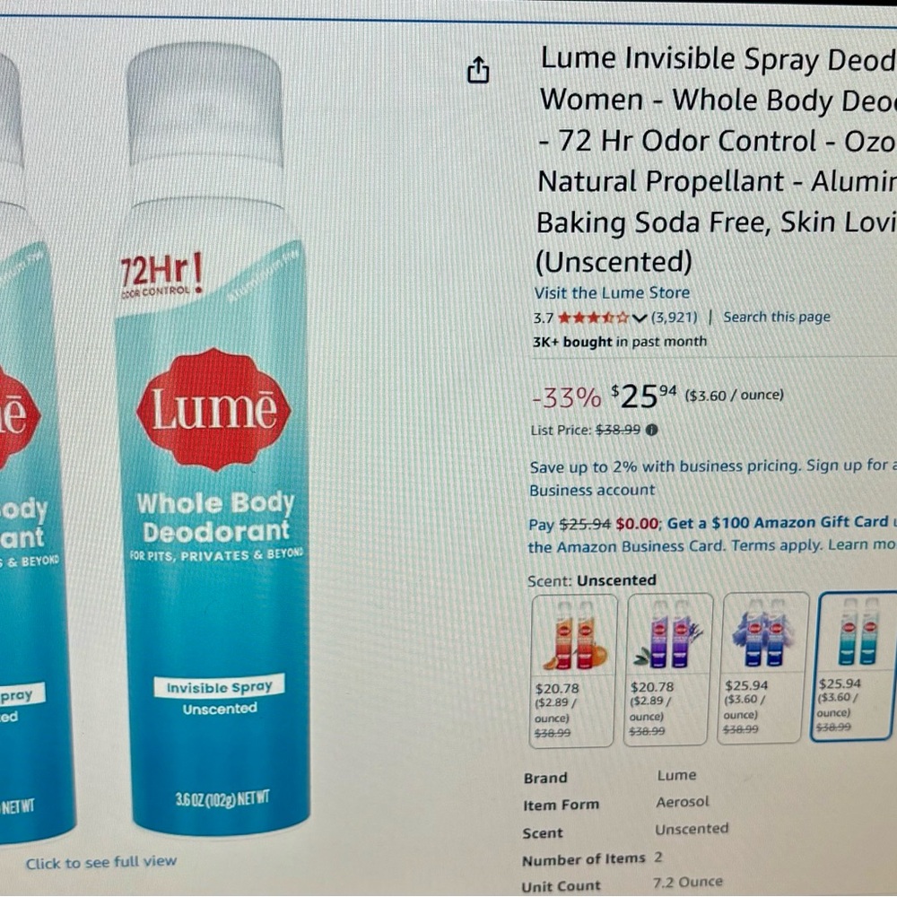 Lume Whole Body Deodorant Spray - Unscented-2 pack